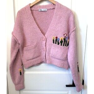 Zara Women Pink Fuzzy Cardigan S Embroidered Flowers Pockets Spring Boho Whimsy